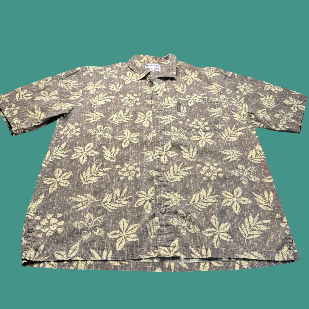 Columbia Sportswear Floral Hawaiian Shirt Medium Brown Tan Short Sleeve Button